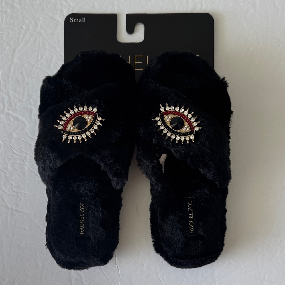 Rachel Zoe Black Faux Fur Slippers with Eye Design Sz.S